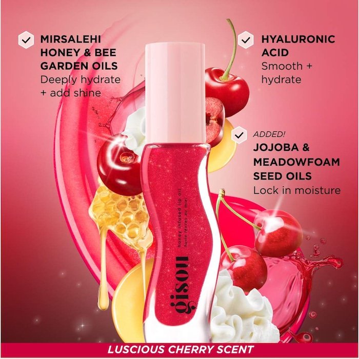 Gisou Honey Infused Hydrating Lip Oil – Cherry On The Cake – Sheer Pinky Red ShimmerNewLimited Edition