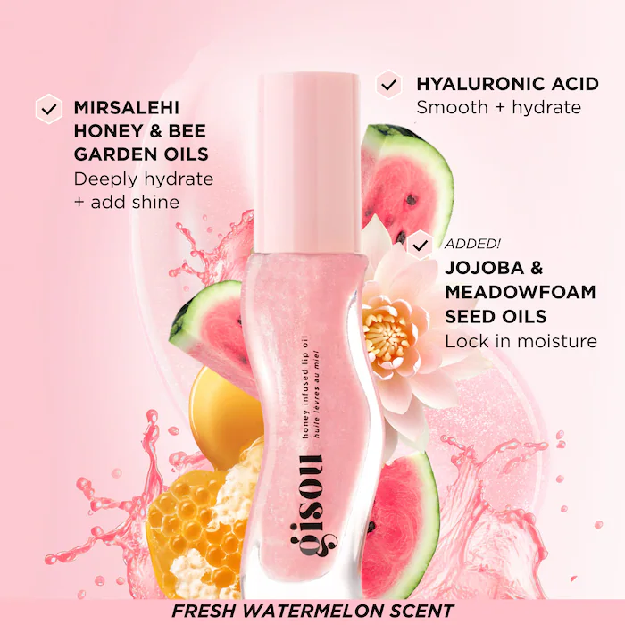 Gisou Honey Infused Hydrating Lip Oil – Watermelon Sugar – Clear Pink Shimmer