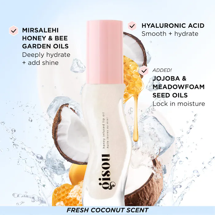 Gisou Honey Infused Hydrating Lip Oil – Coconut Frost – Clear Crystal Shimmer