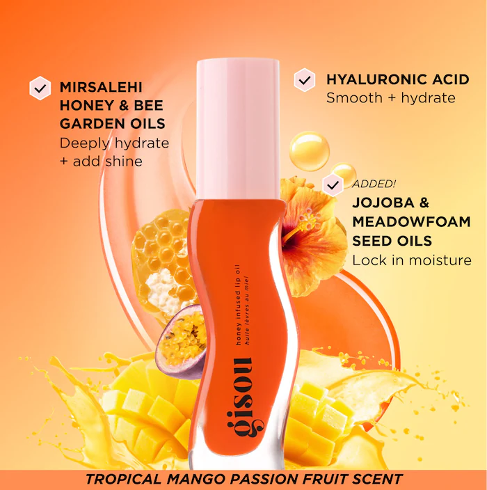 Gisou Honey Infused Hydrating Lip Oil -Mango Passion Punch – Sheer Hot Coral