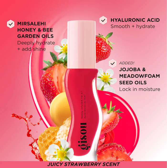 Gisou Honey Infused Hydrating Lip Oil -Strawberry Sorbet – Sheer Pinky Red