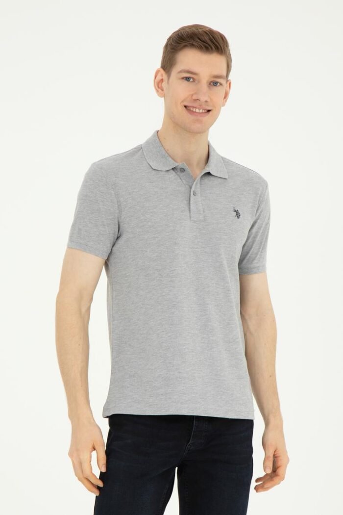 Solid Pique Knit Polo Shirt-Grey