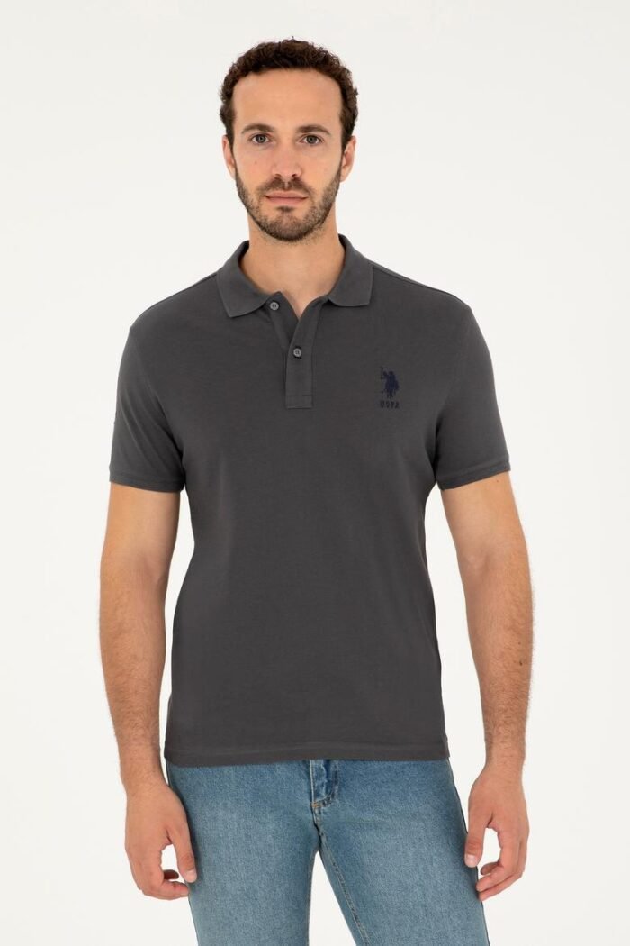 Solid Pique Knit Polo Shirt-Charcoal