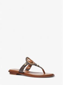 Aubrey Cutout Signature Logo and Leather T-Strap Sandal -BROWN