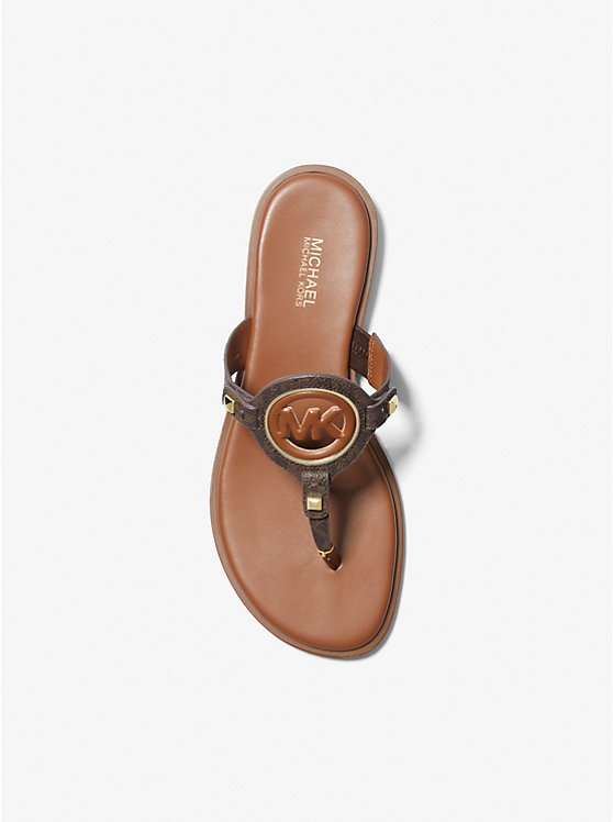 Aubrey Cutout Signature Logo and Leather T-Strap Sandal -BROWN