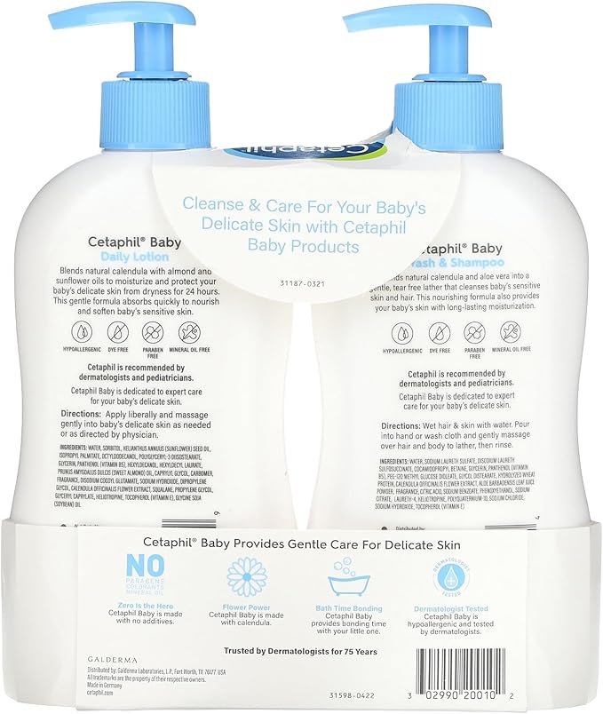 Cetaphil Baby Wash & Shampoo Plus Body Lotion, Healthy Skin Essentials, Head to Toe Hydration for up to 24 Hours, for Delicate, Sensitive Skin, 2 Count (Pack of 1)