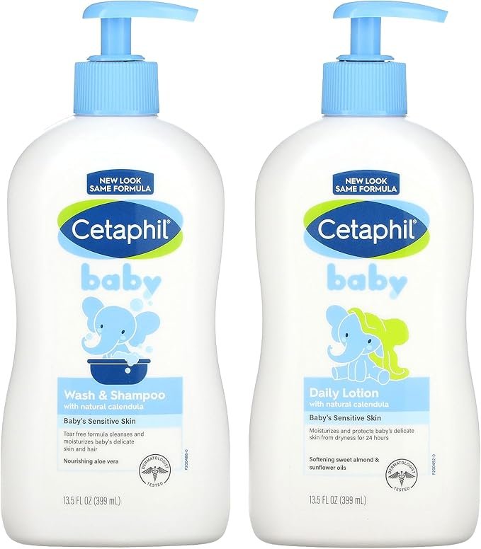 Cetaphil Baby Wash & Shampoo Plus Body Lotion, Healthy Skin Essentials, Head to Toe Hydration for up to 24 Hours, for Delicate, Sensitive Skin, 2 Count (Pack of 1)